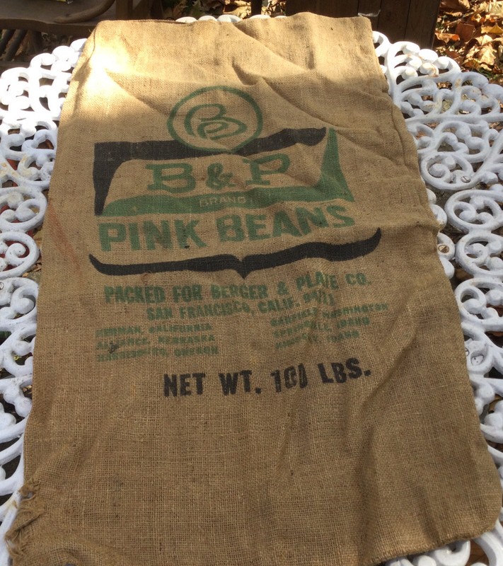 VTG BURLAP FEED SEED BAG SACK B & P PINK BEANS BY BERGER & PLATE CO. SAN FRAN.