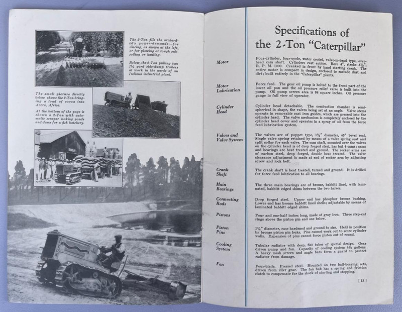 CATERPILLAR TRACTOR antique 1920's 2 TON TRACK ENGINE sale brochure booklet gallery