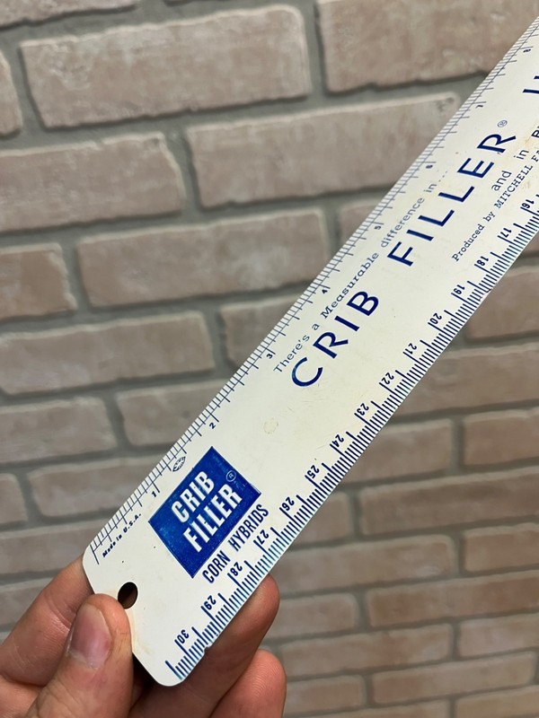 Vintage Mitchell Farms Crib Bin Filler Farm Advertising Tin Ruler 12" Windfall I gallery