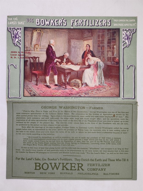 1910 antique BOWKER FERTILIZER Co ad WALL CALENDAR lanconia nh JOHN S WALLIS