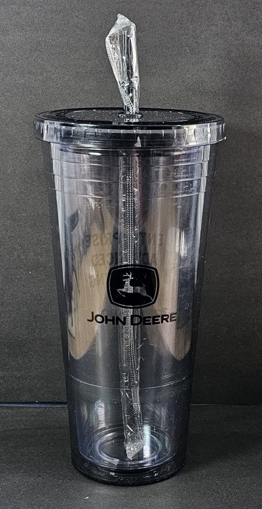 John Deere 24oz Tumbler Cup Black w/ Lid & Straw New