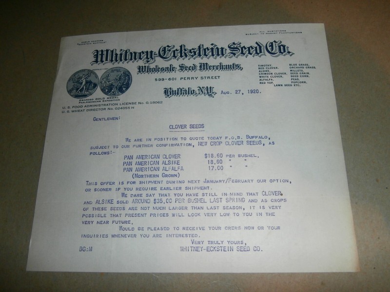 Vintage 1920 Letter Head Paper Whitney Eckstein Seed Co Buffalo NY