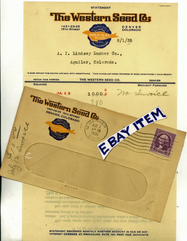 1935 BILLHEAD Denver Colorado WESTERN SEED COMPANY Advertising Postal Envelope
