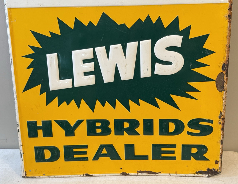 ANTIQUE LEWIS HYBRID DEALER FEED & SEED FAME SIGN EMBOSSED METAL 26" x 24" (DT gallery