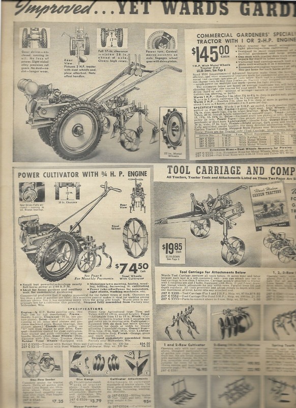 1938 Wards Catalog Ad Page Garden Tractor Cultivator Power Sprayer Tool Carriage