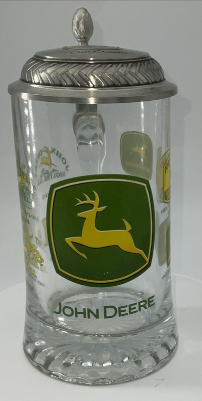John Deere Glass Beer Stein w/ Pewter Lid Historical Logos Tractor Collectible