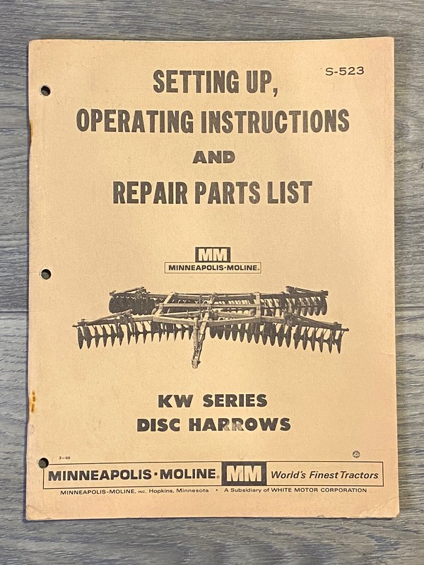 Minneapolis Moline KW Series Manual S-523 Operating Repair Parts List Harrows