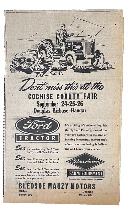 1948 newspaper ad for Ford Tractors – display at Cochise County Fair, Douglas AZ