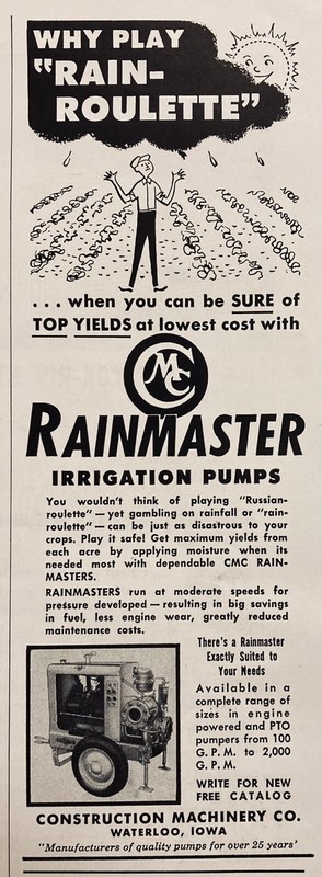 1958 AD.(XH48)~CONSTRUCTION MACHINERY CO. WATERLOO, IOWA. RAINMASTER IRRIGATION