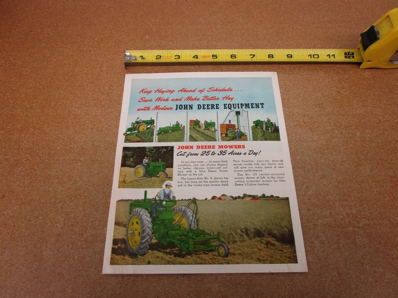 John Deere Hay equipment mower rake baler chopper sales brochure 4 pg H3G (1953)