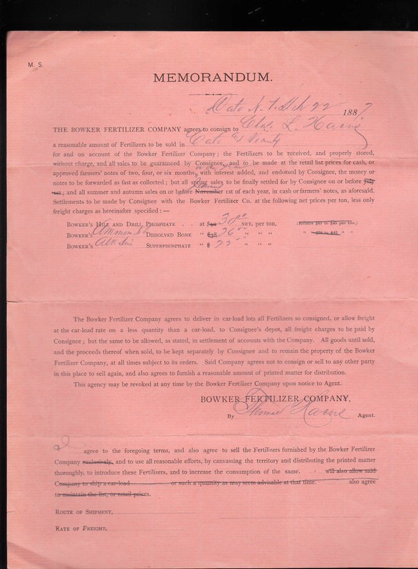 Bowker Fertilizer Co 1887 Memorandum & Order Letter