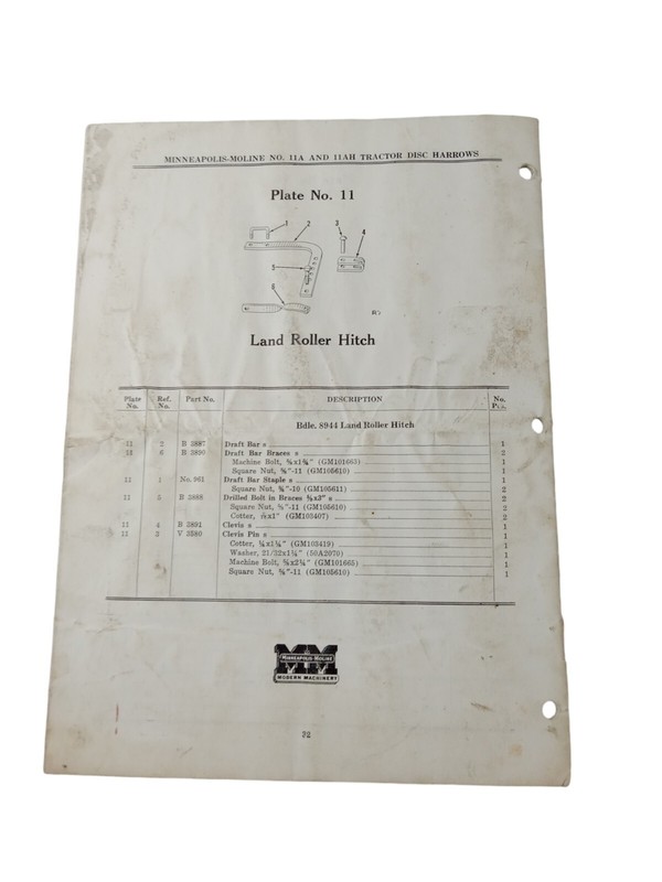 Minneapolis-Moline Tractor Disk Harrows 11A 11AH Manual Instructions Parts List gallery
