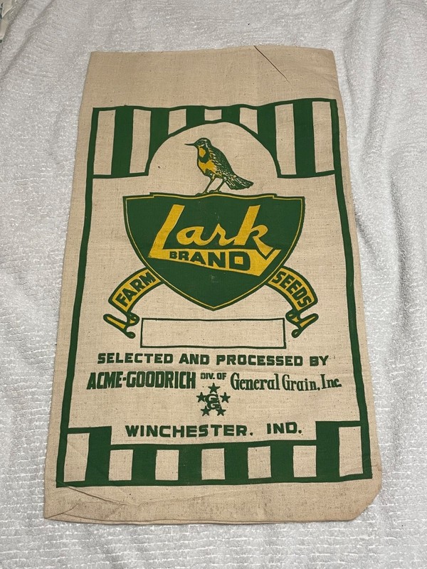Vintage Lark Brand Farm Seeds Green and Yellow Cloth Seed Bag (read)
