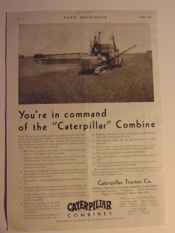 1930 Caterpillar Tractor Co. Combine vintage print ad