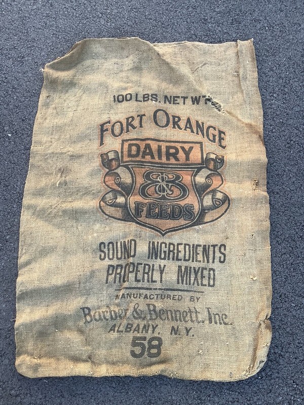 Vintage Ford Orange Feeds 100 lbs Burlap Bag Sack Albany Barber & Bennett Inc.