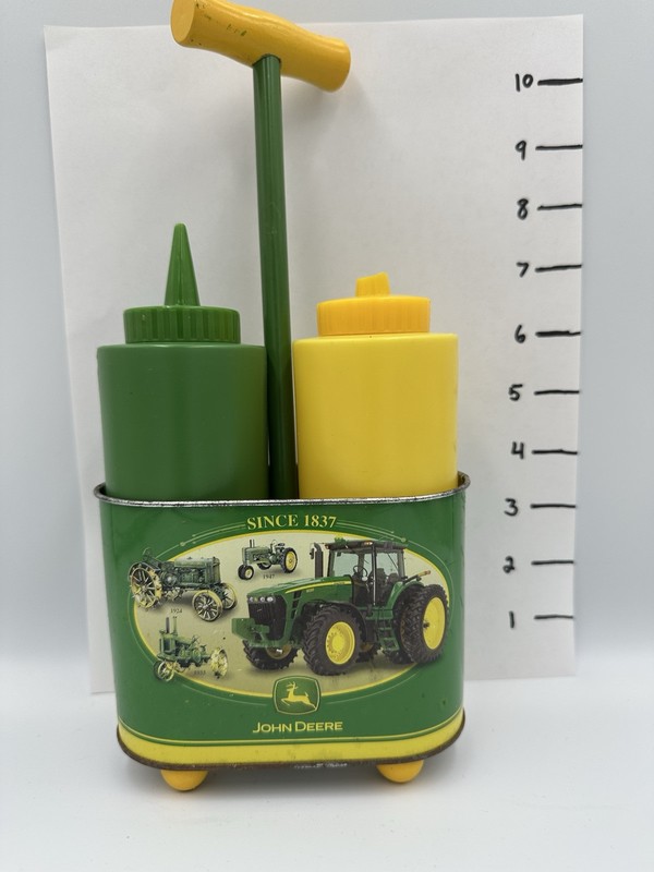 John Deere Condiment Holder With 2 Bottles Yellow And Green -Mustard Tip Missing
