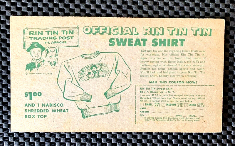 RIN TIN TIN TRADING POST FT. APACHE OFFICIAL SWEAT SHIRT NABISCO SHREDDED WHEAT