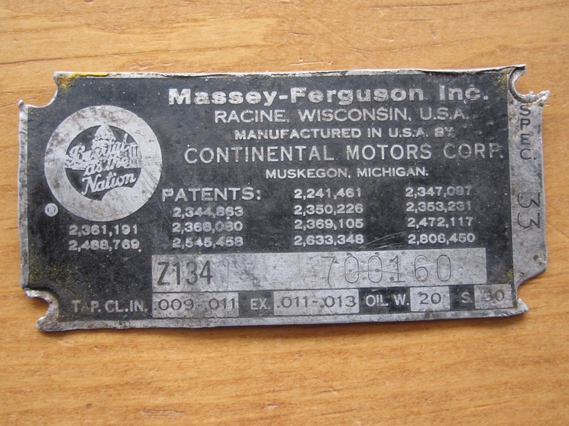 Massey Ferguson Engine Serial Number & Specification Plate Continental engine