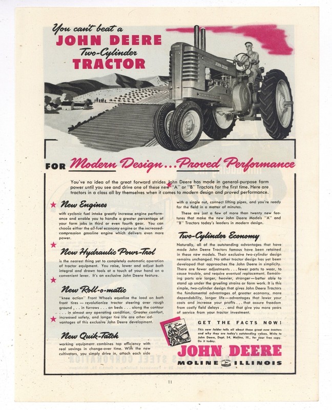 1947 John Deere Ad: Two Cylinder Tractors – Model A Featured – Moline Illinois
