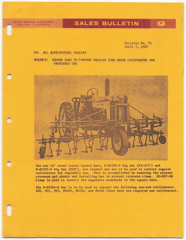 John Deere Sales Bulletin Print 1960 Vintage Tractor Cultivator Agriculture