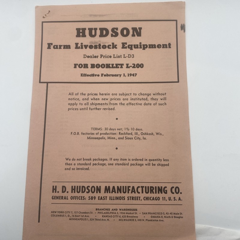 Vintage 1947 Hudson Farm Livestock Equipment Sales Brochure Agriculture Ad F44