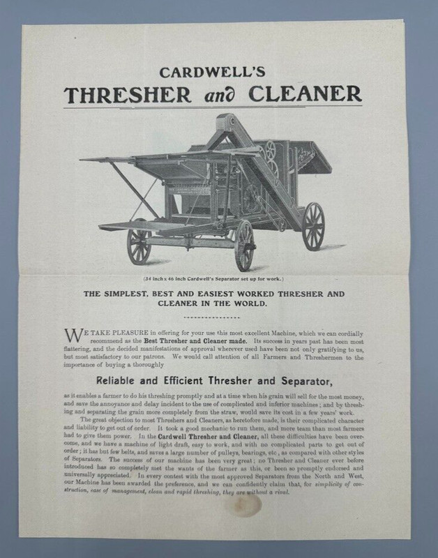 1890s CARDWELL THRESHER Farm Machine Advertising RICHMOND VIRGINIA Antique