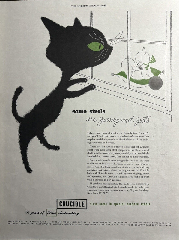 1951 Crucible Steel Company America Pampered Pets Cats Purpose VTG Print Ad