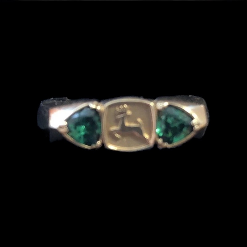 John Deere 20 Year Service Award Unisex 10K Gold Ring with Emeralds Size 10.5
