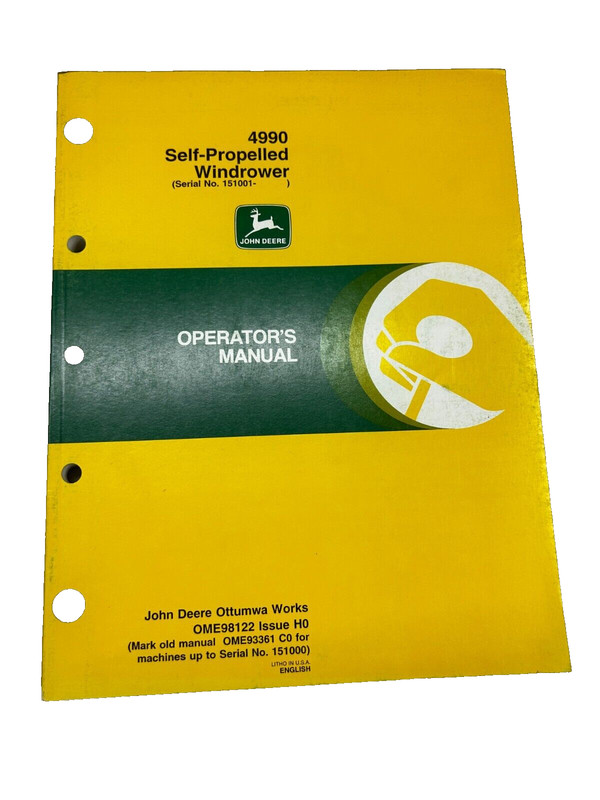 John Deere 4990 Self-Propelled Windrower Operators Manual OME98122 Issue H0