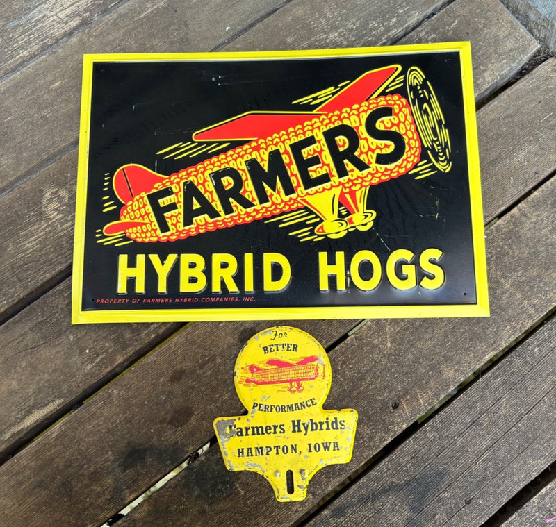 2 1950s FARMERS HYBRIDS ~ HAMPTON IOWA Metal Advertising Farm Signs CORN HOGS