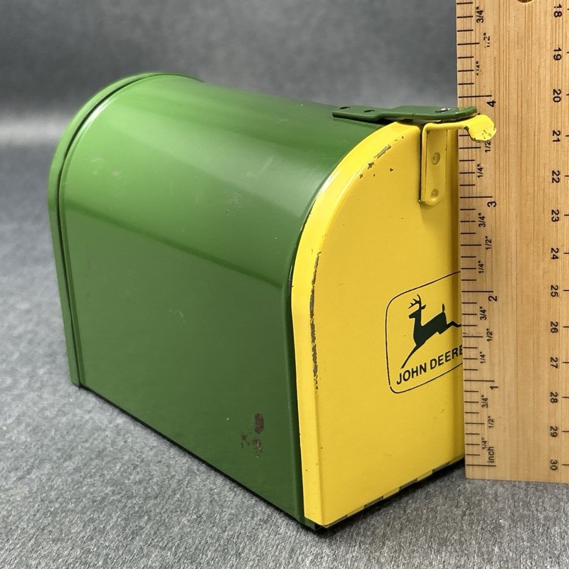 Vintage John Deere Green & Yellow Metal Mailbox Toy Bank ERTL Co Made in USA gallery