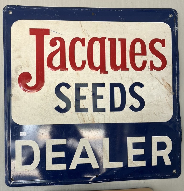 ANTIQUE USA METAL JACQUES SEEDS DEALER SIGN COUNTY FARM COOP FEEDS ADVERTISING