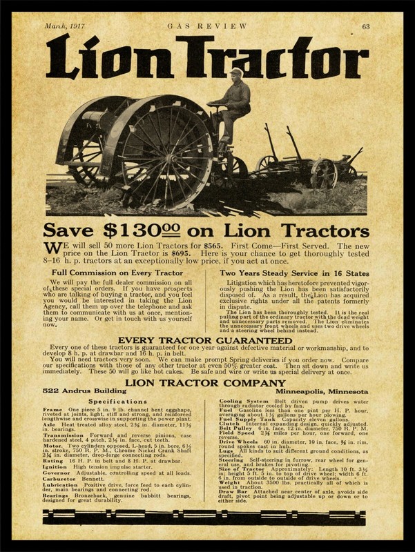 1917 Lion Tractor Co. NEW Metal Sign: Specs Listed – Minneapolis, Minnesota