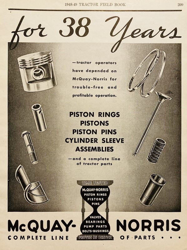 1948 AD.(XH80)~MCQUAY-NORRIS CO. TRACTOR PISTON RINGS, CYLINDER SLEEVES