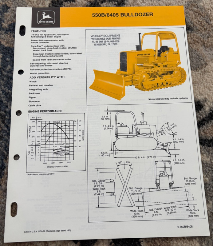 John Deere 550B Crawler 6405 Bulldozer For 1986 Brochure CWPA26