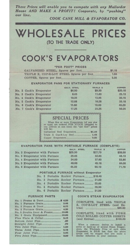 Cook Cane Mill & Evaporator Co St Louis MO Wholesale Prices Trade Only Sugar