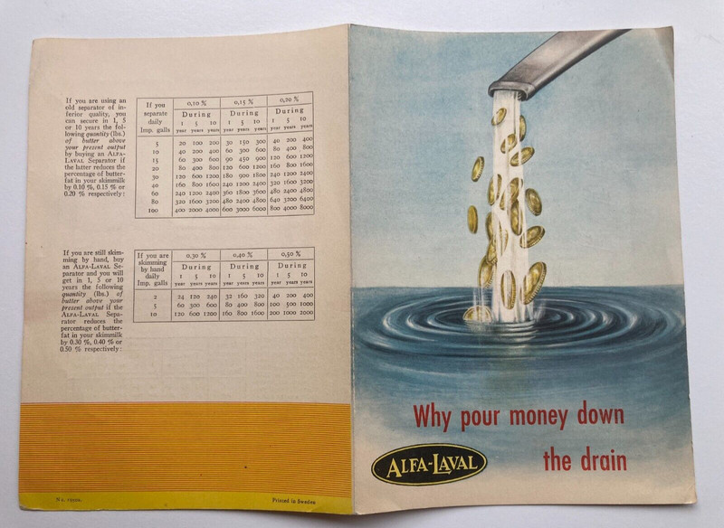 ALFA LAVAL WHY POUR MONEY DOWN THE DRAIN CREAM SEPARATOR BROCHURE 1960’s No1