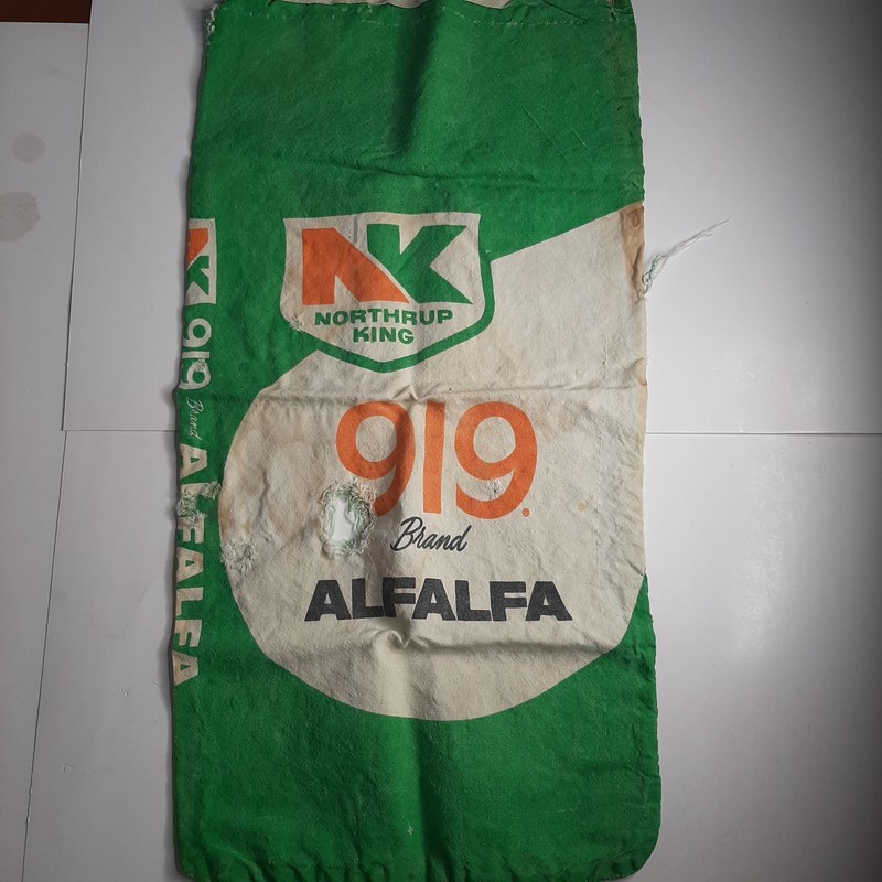 Vintage NK Northrup King 919 Brand Alfalfa Seed Bag Sack Hole Farm Primitive