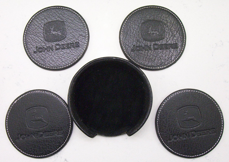 JOHN DEERE black leather COASTER set + caddy holder running deer logo gallery