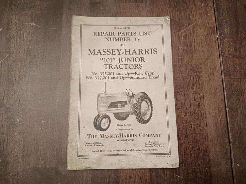 Vintage 1939 Massey Harris “101” Junior Tractor Repair Parts List Catalog No 37