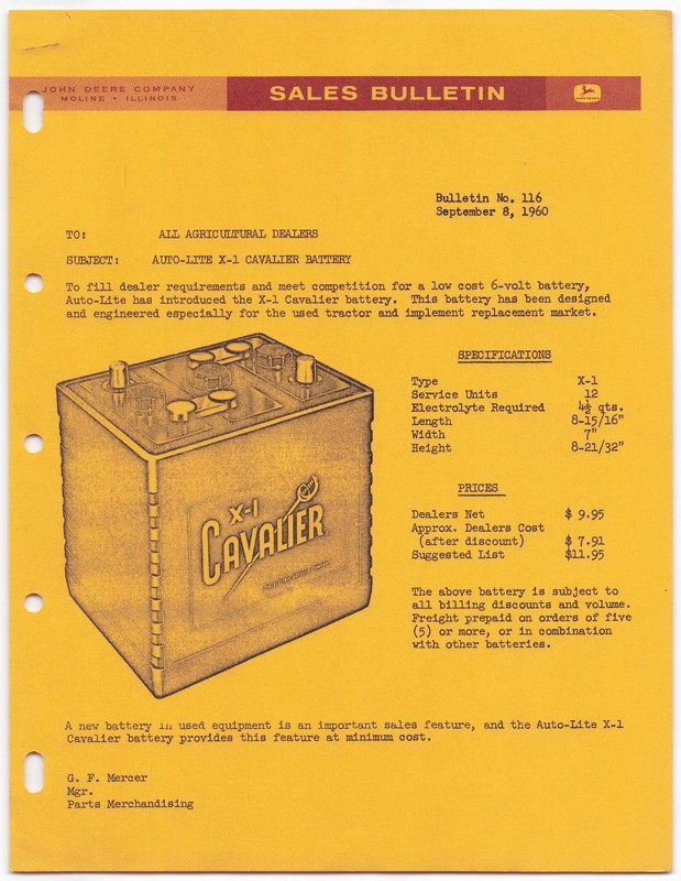 John Deere Sales Bulletin Auto-Lite Cavalier Battery 1960 Vintage Print