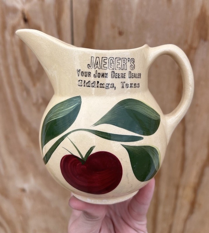 Vintage JAEGER’S-JOHN DEERE DEALER – GIDDINGS, TEXAS advertising pottery pitcher