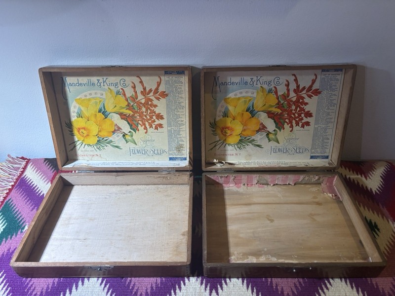 Antique Mandeville & King Wooden Seed Box Advertising Flower Store Display Litho gallery