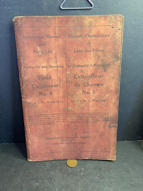 1943 Manual & Parts List IH Field Cultivator No. 8, in English & French