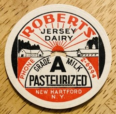 MILK BOTTLE CAP~ROBERTS JERSEY DAIRY FARM, NEW HARTFORD, NY.