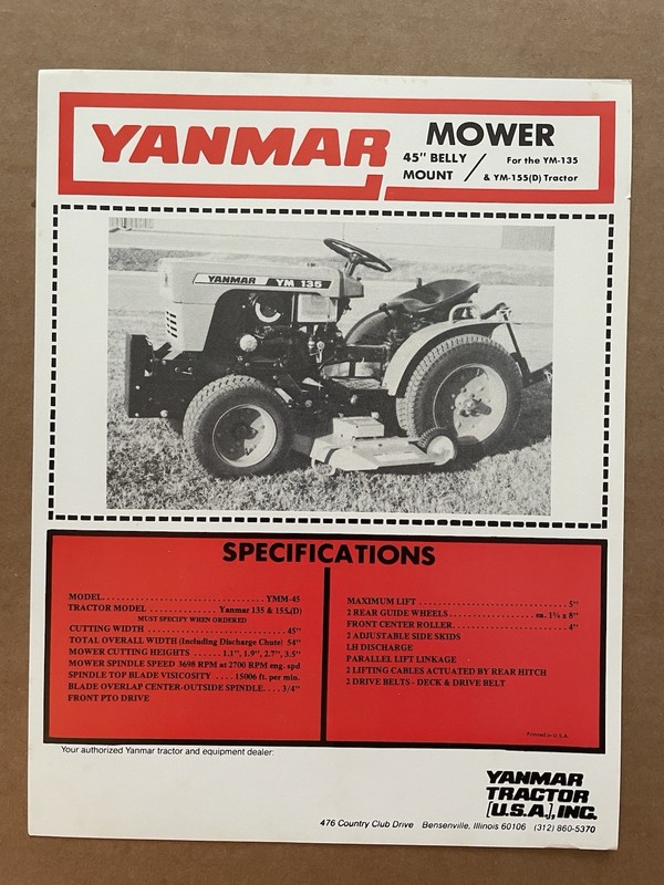 Vintage YANMAR TRACTOR Cut-Out Brochure MOWER for YM-135 YM-155(D) uncut #16