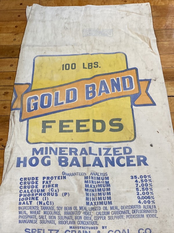 Vintage GOLD BAND FEEDS Hog Balancer Cloth Feed Sack Speltz Grain & Coal Co gallery