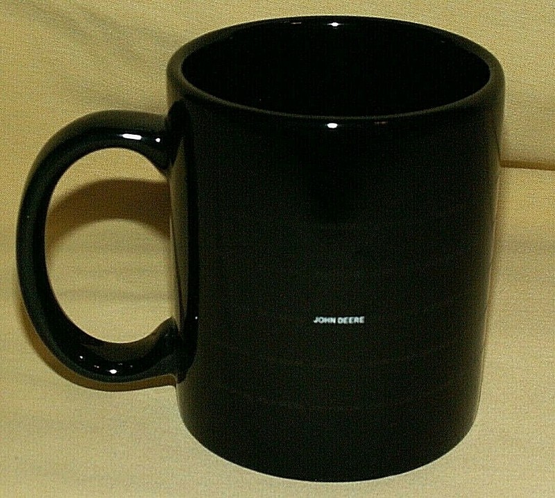 JOHN DEERE MUG BLACK CERAMIC COFFEE TEA CUP ADVERTISING TRACTOR FARM IMPLEMENT. gallery