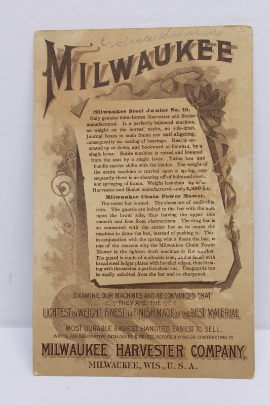 1890s Milwaukee Harvester Co. Farm Implements Ad Trade Card Mifflinburg Pa gallery