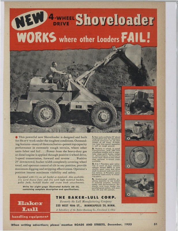 1953 Baker Lull Co. Ad: Shoveloader At Work – 4WD – Minneapolis, Minnesota